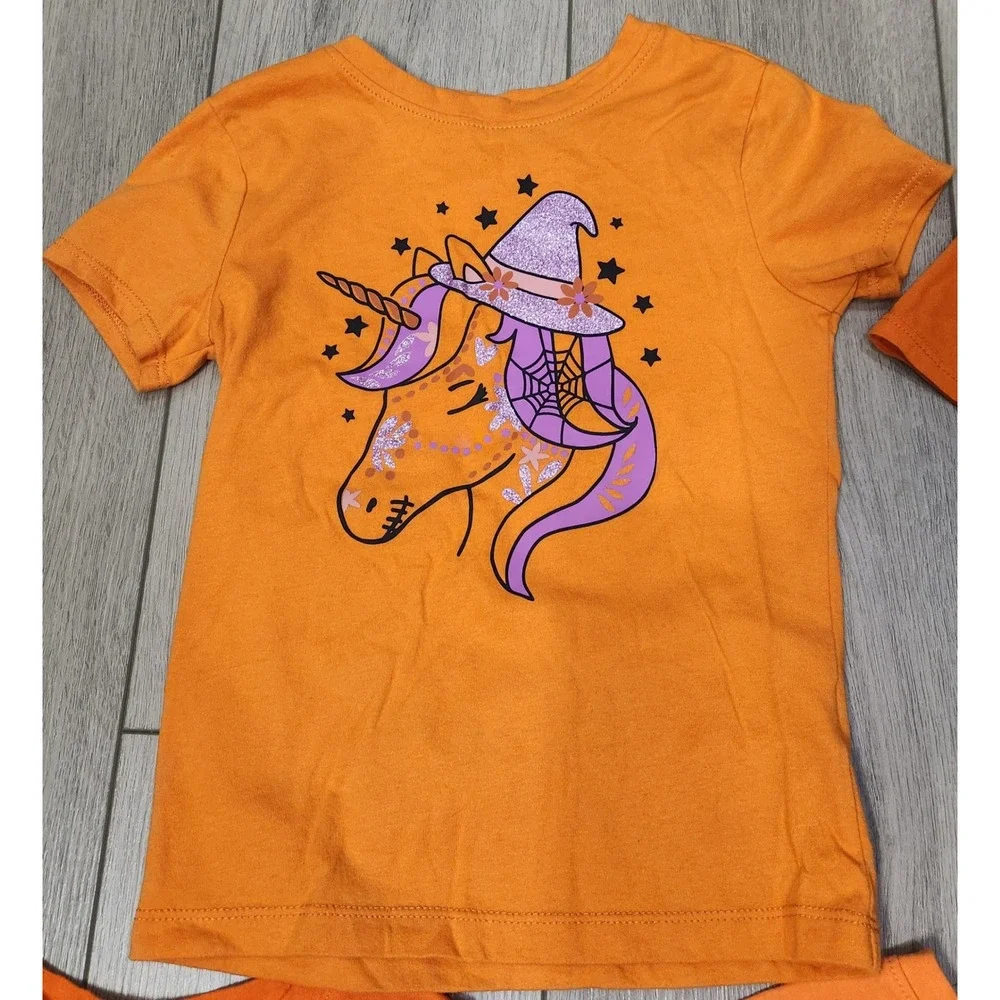 Girls Halloween Shirt Lot 5pc Orange Pumpkin Cat Unicorn Sequin Size XS 4/5